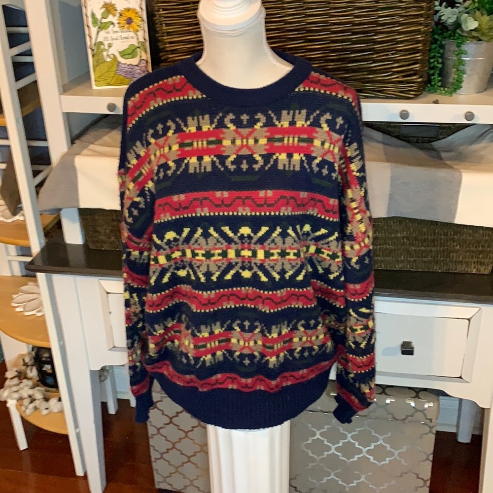 Mountain Tek Apparel Vintage Fair Isle Pattern Navy/Red Sweater Size Large